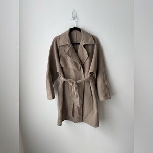 100% Wool Coat Belted Taupe Minimalist Wrap Coat Asian Brand